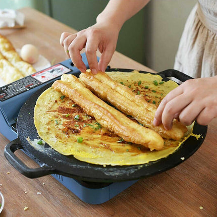 28cm Seasoned Cast Iron Induction Crepes Pan Baking Pancake Tool Pizza Bakeware 8