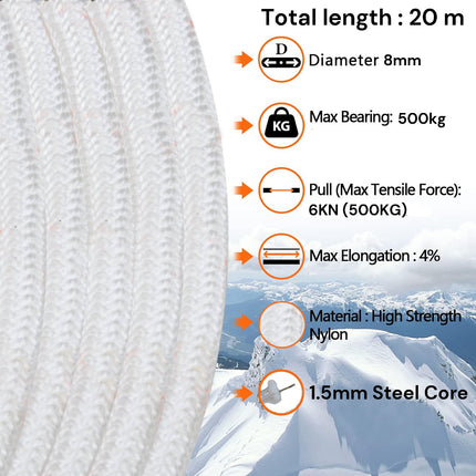 8mm 20m Safety Climbing Rope Nylon Rock Static Outdoor Boat Anchor Marine Rope Dock Lines Rope 5