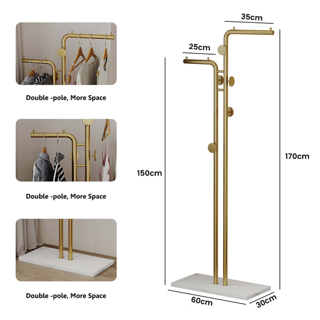 Metal Coat Rack Marble Base Hooks Clothes Coats Bag Tree Hat Display Hanger Stand Organiser 2 Pole 2