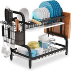 Dish Rack 2 Tier Dish Dryer Drainer Stainless Steel Dish Drying Rack Drip Trays Side Holder Kitchen Storage Save Space