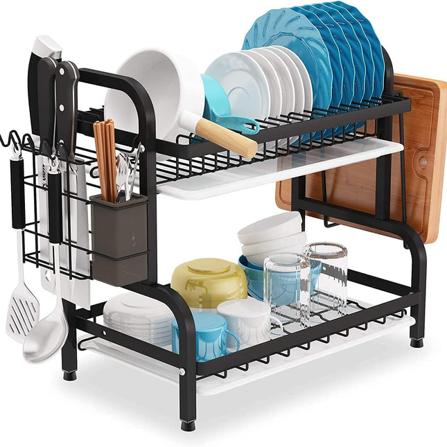 Dish Rack 2 Tier Dish Dryer Drainer Stainless Steel Dish Drying Rack Drip Trays Side Holder Kitchen Storage Save Space