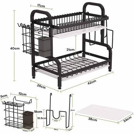 Dish Rack 2 Tier Dish Dryer Drainer Stainless Steel Dish Drying Rack Drip Trays Side Holder Kitchen Storage Save Space 2