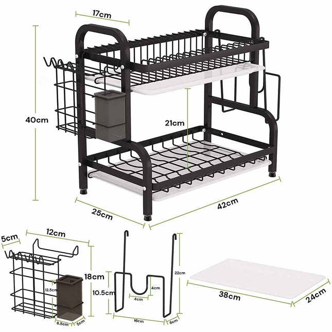 Dish Rack 2 Tier Dish Dryer Drainer Stainless Steel Dish Drying Rack Drip Trays Side Holder Kitchen Storage Save Space 2