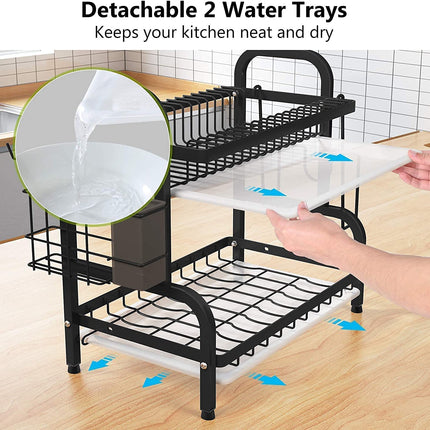 Dish Rack 2 Tier Dish Dryer Drainer Stainless Steel Dish Drying Rack Drip Trays Side Holder Kitchen Storage Save Space 6