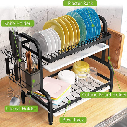 Dish Rack 2 Tier Dish Dryer Drainer Stainless Steel Dish Drying Rack Drip Trays Side Holder Kitchen Storage Save Space 8