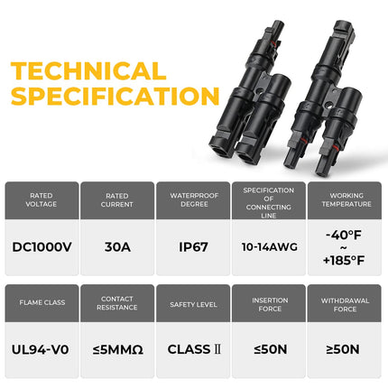 1 Pair 2 To 1 2 branch Waterproof T Branch Cable Connectors Solar PV Panel Connector Male & Female 7
