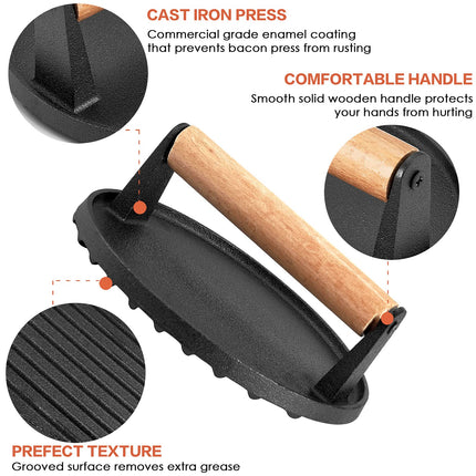 Heavy Duty Round Cast Iron Grill Burger Press Pre-Seasoned Steak Griddle BBQ Grilling 3
