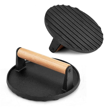 Heavy Duty Round Cast Iron Grill Burger Press Pre-Seasoned Steak Griddle BBQ Grilling 4