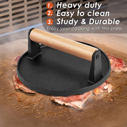 Heavy Duty Round Cast Iron Grill Burger Press Pre-Seasoned Steak Griddle BBQ Grilling 5