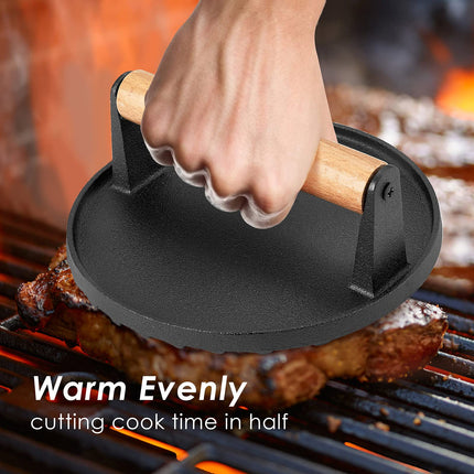Heavy Duty Round Cast Iron Grill Burger Press Pre-Seasoned Steak Griddle BBQ Grilling 6