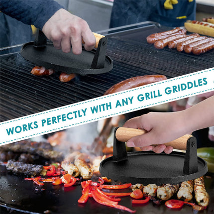 Heavy Duty Round Cast Iron Grill Burger Press Pre-Seasoned Steak Griddle BBQ Grilling 7