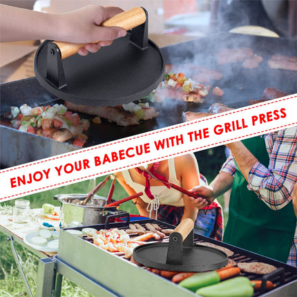 Heavy Duty Round Cast Iron Grill Burger Press Pre-Seasoned Steak Griddle BBQ Grilling 8