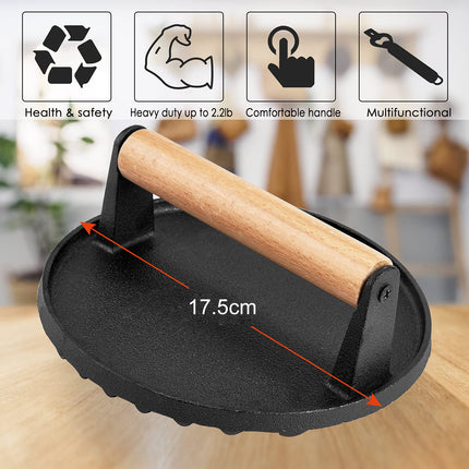 Heavy Duty Round / Rectangle Cast Iron Grill Burger Press Pre-Seasoned Steak Griddle BBQ Grilling 6
