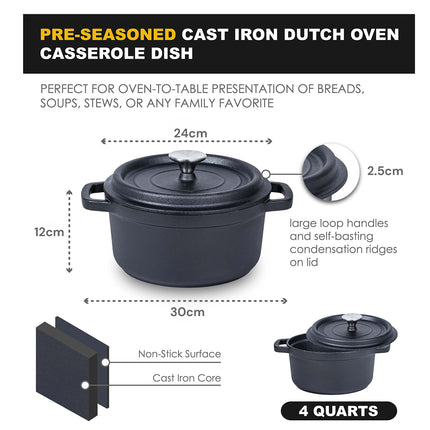 24cm Pre-seasoned NonStick Cast Iron Dutch Oven Handles Lid Skillet Cookware Braising Pot Pan Casserole 3