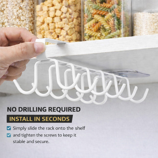 Under Cabinet Mug Holder 12 Hooks No Drill Cup Rack Organizer for Kitchen Storage White 2