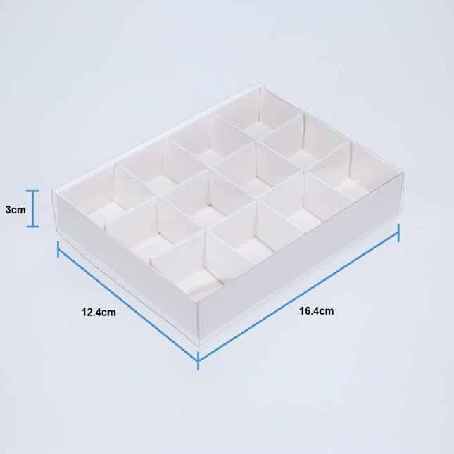 10 Pack of White Card Chocolate Sweet Soap Product Retail Gift Box - 12 bay 4x4x3cm Compartments  - Clear Slide On Lid - 16x12x3cm 2