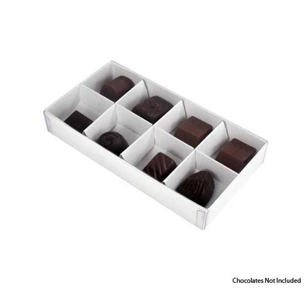 10 Pack of White Card Chocolate Sweet Soap Product Retail Gift Box - 8 bay 3cm Compartments - Clear Slide On Lid - 16x8x3cm 3