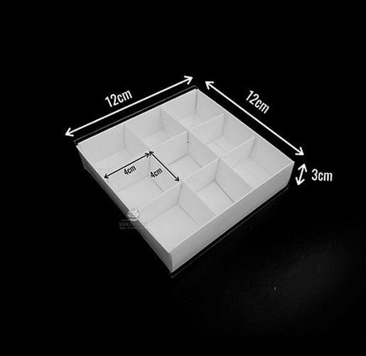 10 Pack of White Card Chocolate Sweet Soap Product Retail Gift Box - 9 bay 4x4x3cm Compartments  - Clear Slide On Lid - 12x12x3cm 2