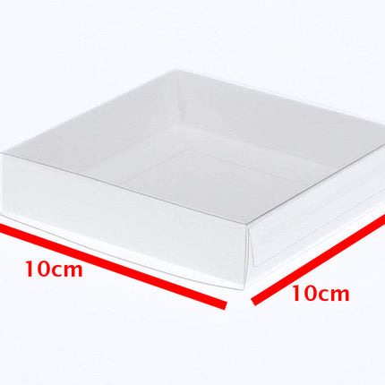 10 Pack of 10cm Square Invitation Coaster Favor Function product Presentation Cookie Biscuit Patisserie Gift Box - 2cm deep - White Card with Clear Slide On PVC Lid 2