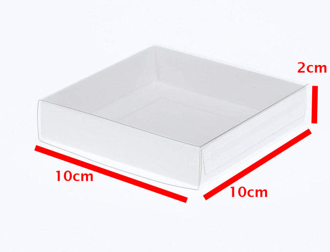 10 Pack of 10cm Square Invitation Coaster Favor Function product Presentation Cookie Biscuit Patisserie Gift Box - 2cm deep - White Card with Clear Slide On PVC Lid 2
