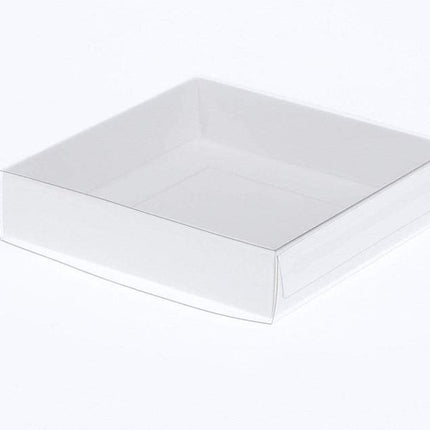 10 Pack of 10cm Square Invitation Coaster Favor Function product Presentation Cookie Biscuit Patisserie Gift Box - 4cm deep - White Card with Clear Slide On PVC Lid 3