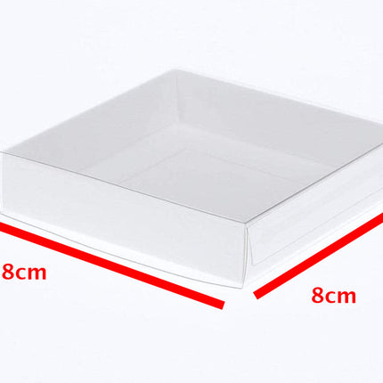 10 Pack of 8cm Square Wedding Invitation Coaster Favor Function product Presentation Cookie Biscuit Patisserie Gift Box - 2cm deep - White Card with Clear Slide On PVC Lid 2
