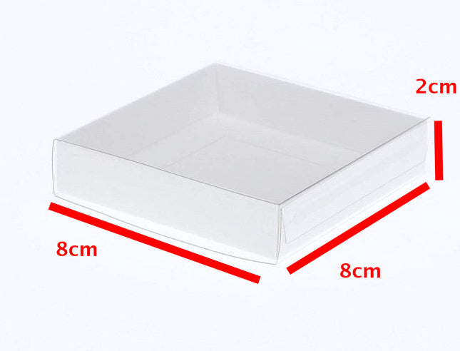 10 Pack of 8cm Square Wedding Invitation Coaster Favor Function product Presentation Cookie Biscuit Patisserie Gift Box - 2cm deep - White Card with Clear Slide On PVC Lid 2
