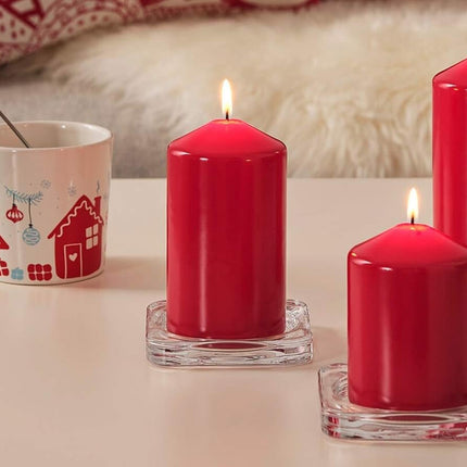 4 Pack Red Wax Pillar Advent Candles Xmas Wedding Party Table Room Centrepiece Decor Graduated sized 6 to 15cm High 6