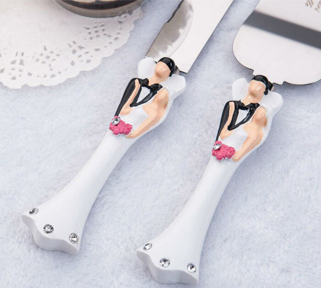 Bride Groom Cake Server Set Wedding Cake Knife and Silver Blade Server Set Boxed - Bride Groom Handles 2