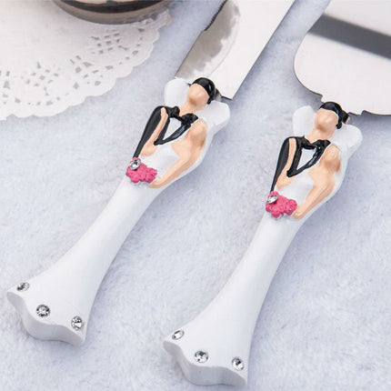 Bride Groom Cake Server Set Wedding Cake Knife and Silver Blade Server Set Boxed - Bride Groom Handles 4