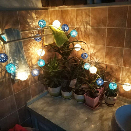 1 Set of Blue n White 5cm Rattan Cane 20 Ball Battery Powered 3m String Lights Christmas Gift Home Wedding Party Bedroom Decoration Table Centrepiece 3