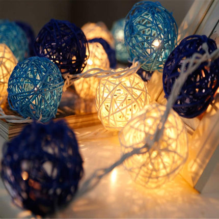 1 Set of Blue n White 5cm Rattan Cane 20 Ball Battery Powered 3m String Lights Christmas Gift Home Wedding Party Bedroom Decoration Table Centrepiece 4
