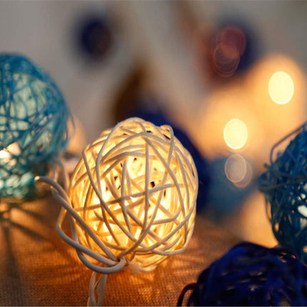 1 Set of Blue n White 5cm Rattan Cane 20 Ball Battery Powered 3m String Lights Christmas Gift Home Wedding Party Bedroom Decoration Table Centrepiece 5