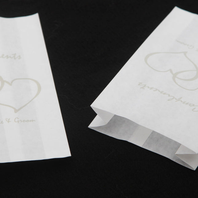 100 Pack Wedding Cake Bags Greaseproof Wax Paper Slice Take Home Favour Silver Heart n Message 2