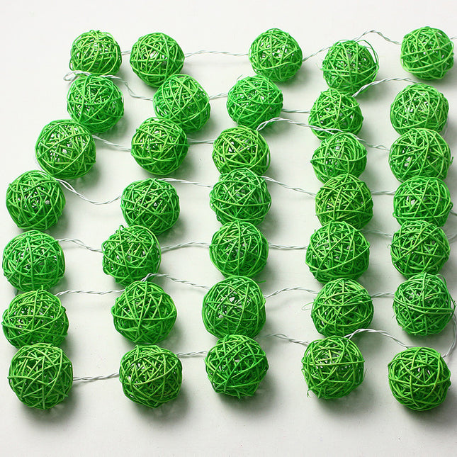 1 Set of Green 5cm Rattan Cane 20 Ball Battery Powered 3m String Lights Christmas Gift Home Wedding Party Bedroom Decoration Table Centrepiece 2