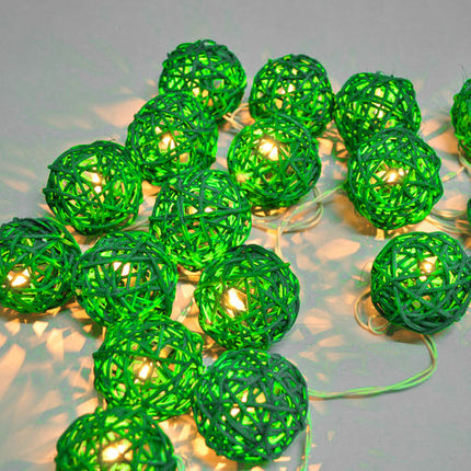 1 Set of Green 5cm Rattan Cane 20 Ball Battery Powered 3m String Lights Christmas Gift Home Wedding Party Bedroom Decoration Table Centrepiece 3
