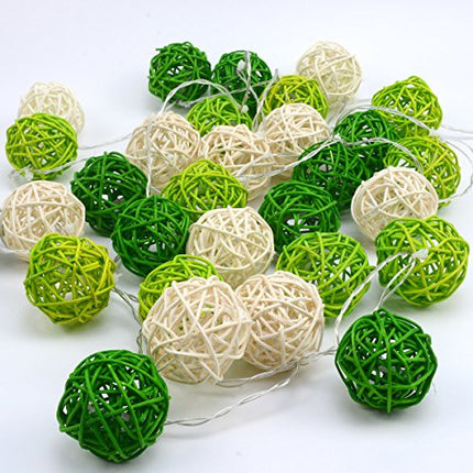 1 Set of Green n White 5cm Rattan Cane 20 Ball Battery Powered 3m String Lights Christmas Gift Home Wedding Party Bedroom Decoration Table Centrepiece 2