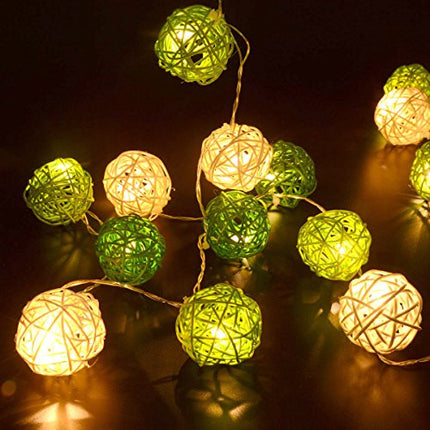 1 Set of Green n White 5cm Rattan Cane 20 Ball Battery Powered 3m String Lights Christmas Gift Home Wedding Party Bedroom Decoration Table Centrepiece 3