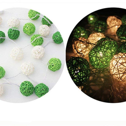 1 Set of Green n White 5cm Rattan Cane 20 Ball Battery Powered 3m String Lights Christmas Gift Home Wedding Party Bedroom Decoration Table Centrepiece 4