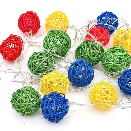 1 Set of Multi Coloured 5cm Rattan Cane 20 Ball Battery Powered 3m String Lights Christmas Gift Home Wedding Party Bedroom Decoration Table Centrepiece 3