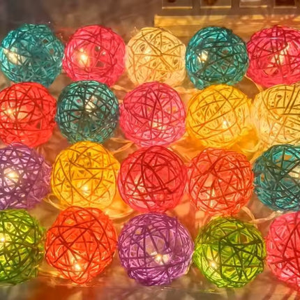 1 Set of Multi Coloured 5cm Rattan Cane 20 Ball Battery Powered 3m String Lights Christmas Gift Home Wedding Party Bedroom Decoration Table Centrepiece 7