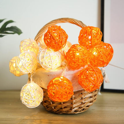 1 Set of Orange n White 5cm Rattan Cane 20 Ball Battery Powered 3m String Lights Christmas Gift Home Wedding Party Bedroom Decoration Table Centrepiece 2