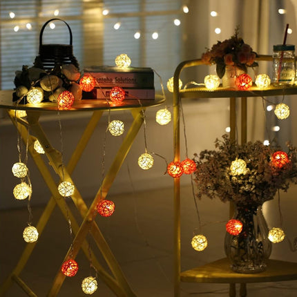 1 Set of Orange n White 5cm Rattan Cane 20 Ball Battery Powered 3m String Lights Christmas Gift Home Wedding Party Bedroom Decoration Table Centrepiece 3