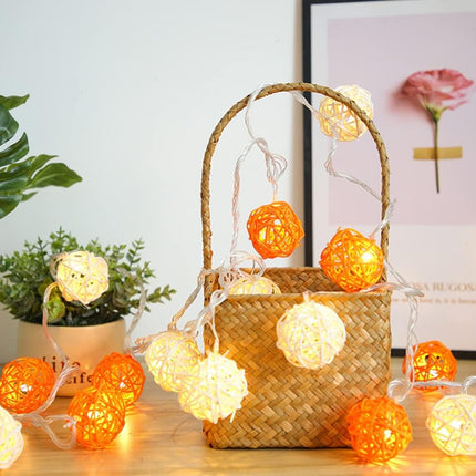 1 Set of Orange n White 5cm Rattan Cane 20 Ball Battery Powered 3m String Lights Christmas Gift Home Wedding Party Bedroom Decoration Table Centrepiece 4