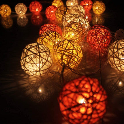 1 Set of Orange n White 5cm Rattan Cane 20 Ball Battery Powered 3m String Lights Christmas Gift Home Wedding Party Bedroom Decoration Table Centrepiece 5