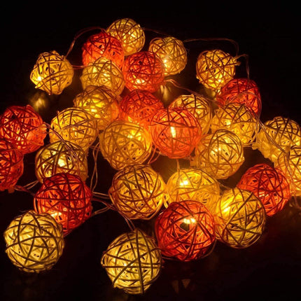 1 Set of Orange n White 5cm Rattan Cane 20 Ball Battery Powered 3m String Lights Christmas Gift Home Wedding Party Bedroom Decoration Table Centrepiece 6