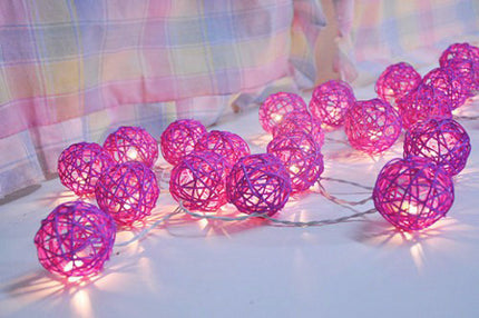 1 Set of Pink 5cm Rattan Cane 20 Ball Battery Powered 3m String Lights Christmas Gift Home Wedding Party Bedroom Decoration Table Centrepiece 2