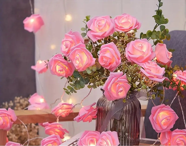 20 Pink Rose 3D Fairy Lights 3M String, Battery (AA) Indoor & Outdoor Decorations Wedding Valentines Romantic Room Table Lighting 2