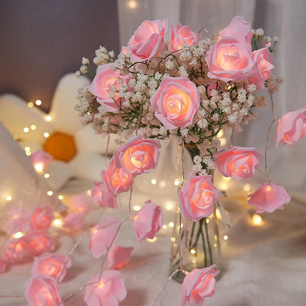 20 Pink Rose 3D Fairy Lights 3M String, Battery (AA) Indoor & Outdoor Decorations Wedding Valentines Romantic Room Table Lighting 4