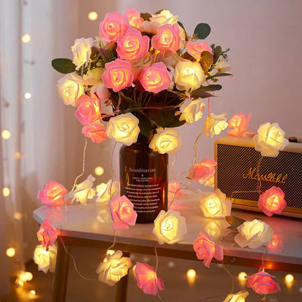 20 Pink n White Rose 3D Fairy Lights 3M String, Battery (AA) Indoor & Outdoor Decorations Wedding Valentines Romantic Room Table Lighting 2